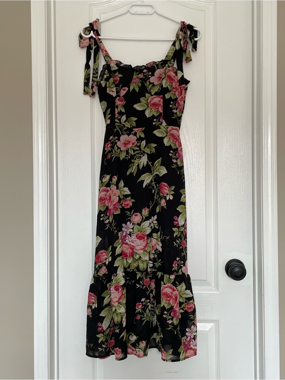 SHEIN Black Midi Dress with Pink Rose Print